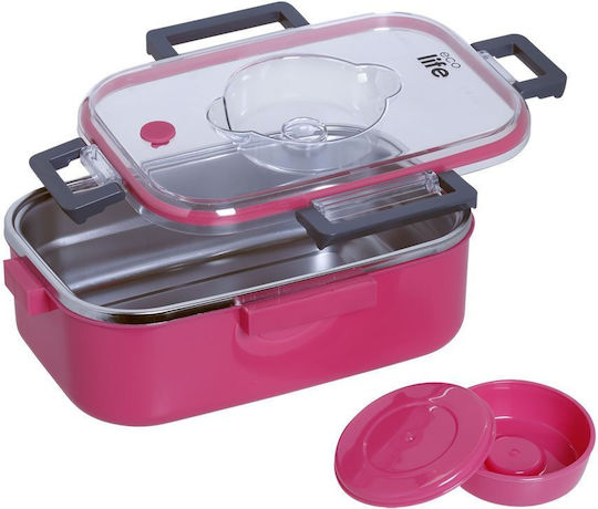Ecolife Recipient Rectangular Cu Dublu Perete Pentru Mâncare Inox Termos Roz Cu Compartimente 850ml