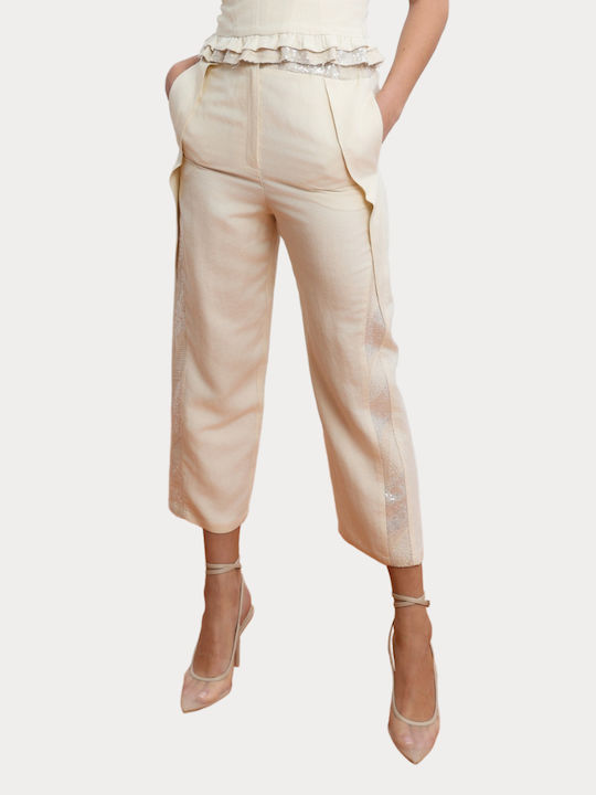 Women's High-waisted Fabric Trousers with Elastic Beige with Sequins