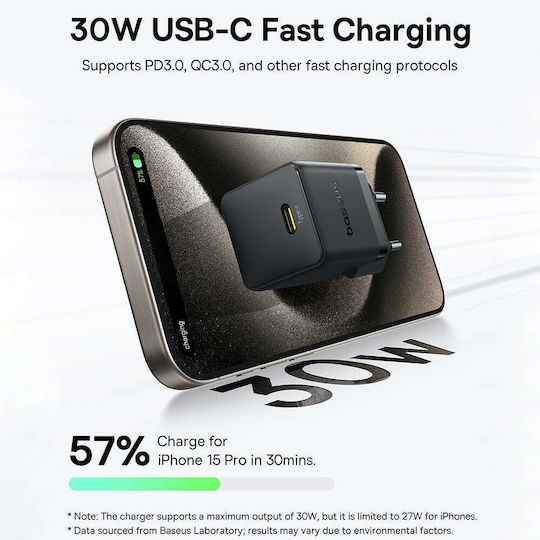 Baseus Charger GaN with USB-C Port and Cable USB-C - USB-C 30W Power Delivery Blacks (Palm)