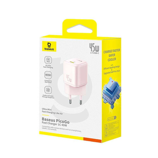 Baseus Charger Without Cable GaN with USB-C Port 45W Power Delivery / Quick Charge 3.0 / SuperCharge Pink (PicoGo)