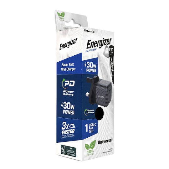 Energizer Φορτιστής Χωρίς Καλώδιο με Θύρα USB-C 30W Power Delivery Μαύρος (46314 UK)
