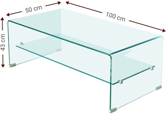 Masa De Cafea Centrală Rectangulară Crystal Shelf Din Sticlă L100xL50xÎ43cm