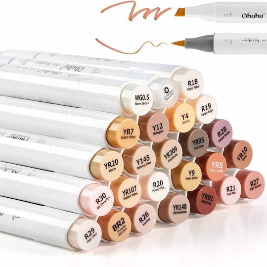 Ohuhu Honolulu Brush & Chisel Drawing Markers 0.6mm Double Tip Set 12pcs