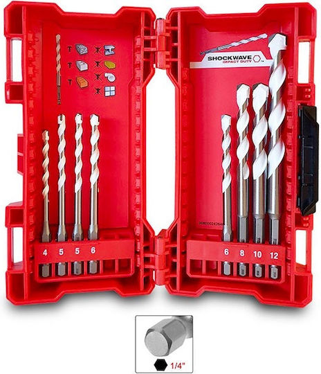 Milwaukee Set of 8 1/4" Diamond Drills Carbide with Hexagonal Shank for Masonry, Metal, Wood, Glass, Tiles and Drywall
