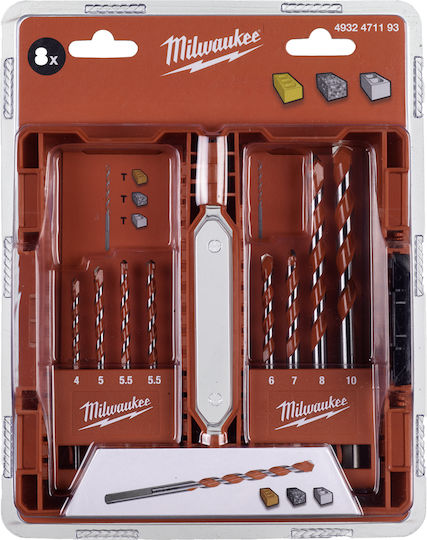 Milwaukee Set of 8 Diamond Drills Carbide with Triangular Shank for Masonry