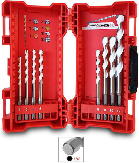 Milwaukee Shockwave Set of 8 Diamond Drills Carbide with Hexagonal Shank for Metal, Wood, Masonry, Glass and Tiles