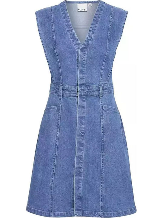 Sommer Mini Denim Kleid Waschig Mittelblau