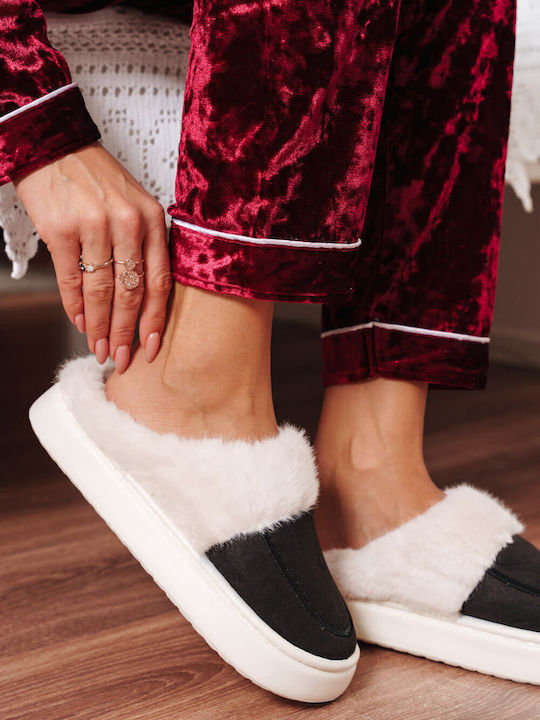 Black Warm Slippers with Fur Lining