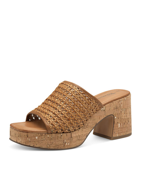 Leather Mules with Chunky Heel in Tabac Brown Color