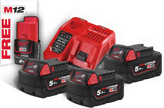 Milwaukee Set 3 Werkzeugbatterien Lithium 18V Kapazität 5Ah mit Ladegerät M18 Nrg503 Kit