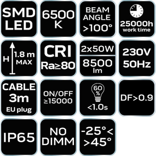Neo Tools Electric Jobsite Light LED IP65 with Brightness up to 9000lm Tripod 2x50W