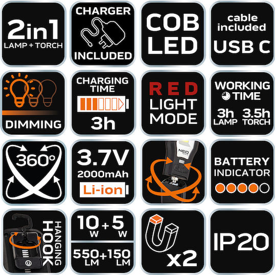 Neo Tools Battery Workshop Light LED IP20 with Brightness up to 550lm