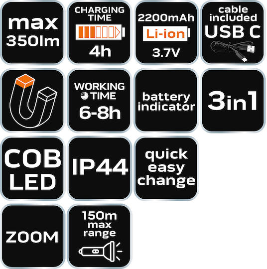 Neo Tools Rechargeable Workshop Light LED IP44 with Brightness up to 350lm
