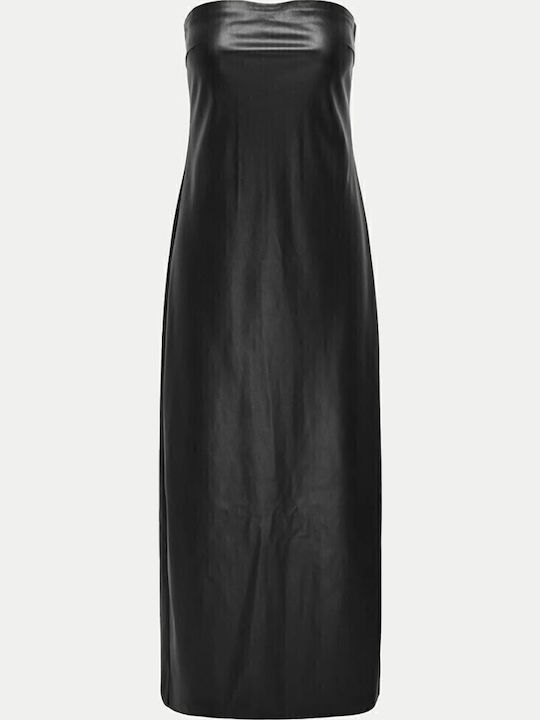 Rochie Midi De Seară Fără Bretele Din Piele Neagră