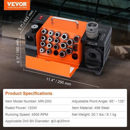 Drill Bit Sharpener Diameter 3-20 Mm Adjustable Point Angle 95° 135° Power 120 W