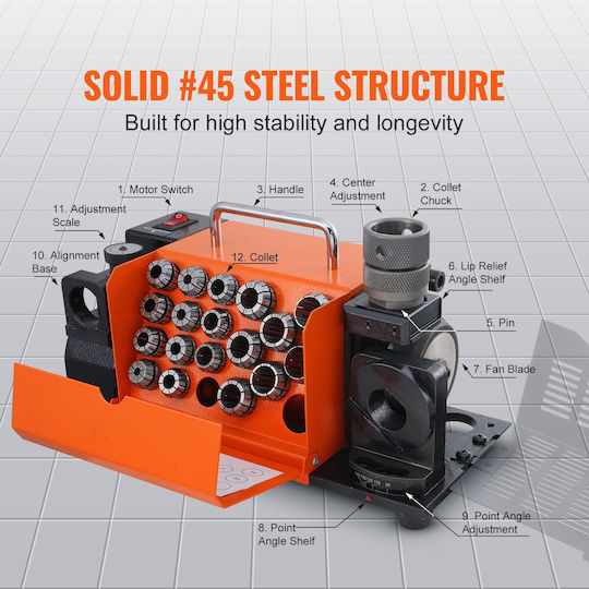 Drill Bit Sharpener Diameter 3-20 Mm Adjustable Point Angle 95° 135° Power 120 W