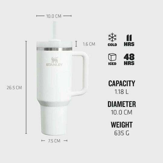 Stanley Quencher H2.0 FlowState Handled Tumbler Thermos Bottle Stainless Steel BPA Free 1.18lt White With Straw And Handle