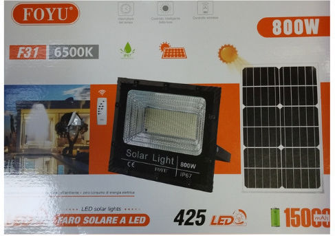 Foyu Στεγανός Ηλιακός Προβολέας LED 800W Ψυχρό Λευκό 6500K με Τηλεχειριστήριο IP67
