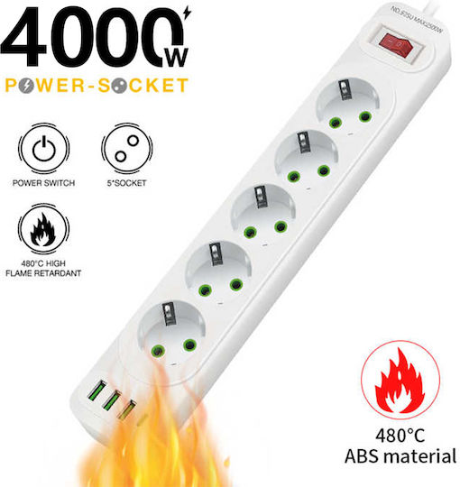 Leewello LW-196 Power Strip with Surge Protection 5 Positions with 3 USB-A, USB-C and Cable 2m