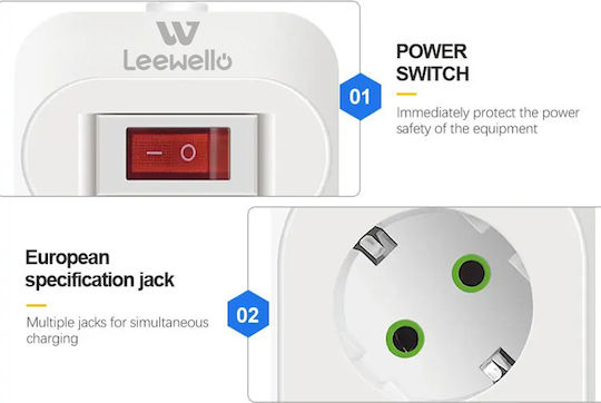Leewello LW-196 Power Strip with Surge Protection 5 Positions with 3 USB-A, USB-C and Cable 2m