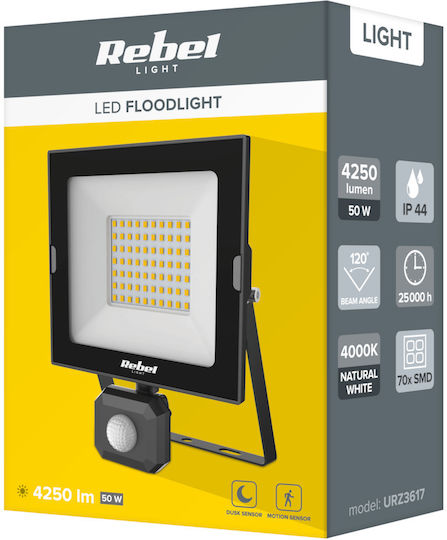 Αδιάβροχος LED Προβολέας 50W Неутрално бяло 4000К με Αισθητήρας Κίνησης IP44
