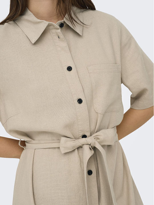 Sommer Midi Hemdkleid Kurzärmelig Beiges
