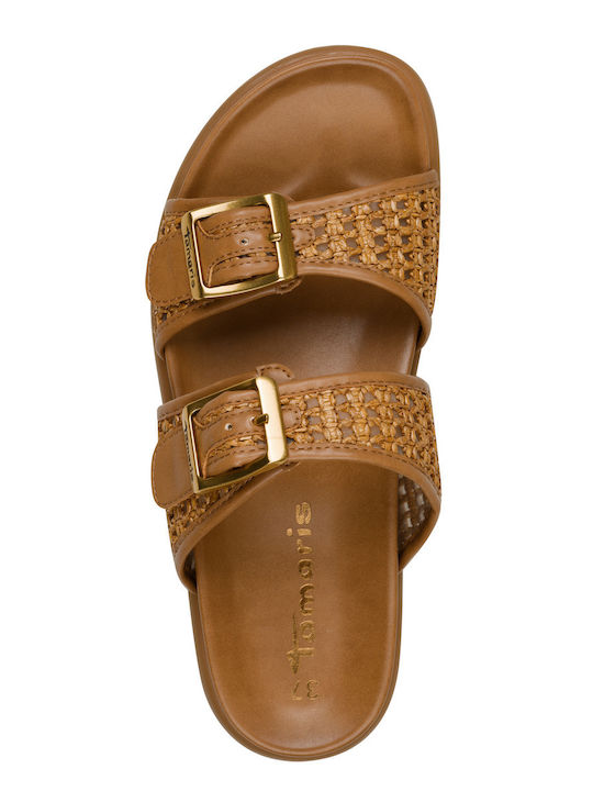 Leather Women's Flat Sandals Tabac Brown
