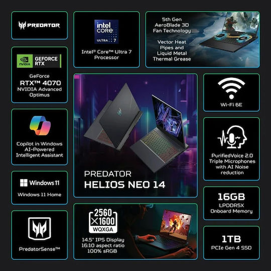 Acer Predator Helios Neo PHN14-51 14.5" IPS QHD+ 120Hz (Ultra 7-155H/16GB/1TB SSD/GeForce RTX 4070/W11 Home) (US Keyboard)