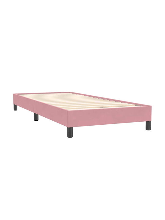 Pat Single Tapițat cu Material Textil Roz cu Plăci și Saltea 90x220cm
