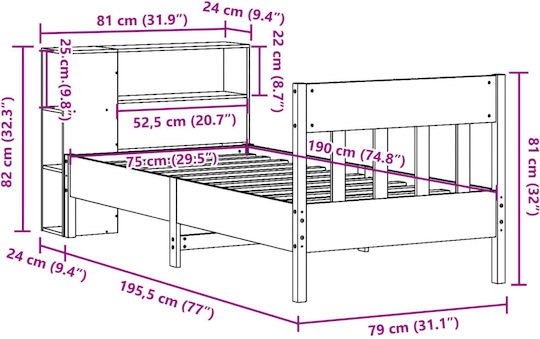 Einzelbett aus massivem Holz Braun mit Lattenrost für Matratze 75x190cm
