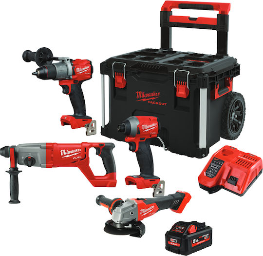Milwaukee FPP4C2-553P Set Angle Wheel & Impact Drill Driver & Impact Screwdriver & Hammer 18V with 3 Batteries 5Ah - 5.5Ah and Case