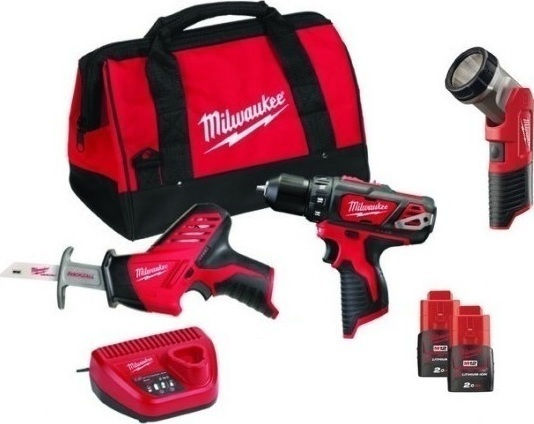 Milwaukee M12 BPDHZ-202B Set Impact Drill Driver & Reciprocating Saw & Lens 12V with 2 Batteries 2Ah and Case