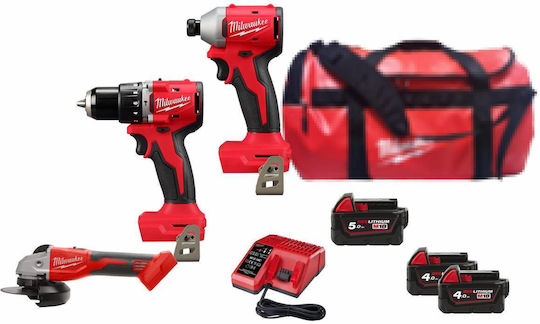 Milwaukee 3990993 Set Angle Wheel & Drill Driver & Impact Screwdriver Brushless 18V with 3 Batteries 4Ah - 1.5Ah and Case