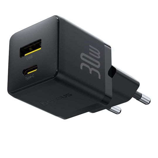 Baseus Ladegerät ohne Kabel mit USB-A Anschluss und USB-C Anschluss 30W Schwarzs (Palm)