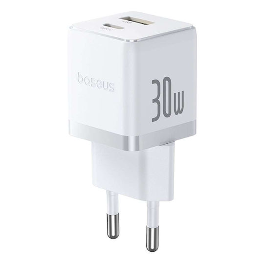 Baseus Ladegerät ohne Kabel mit USB-A Anschluss und USB-C Anschluss 30W Weißs (Palm)