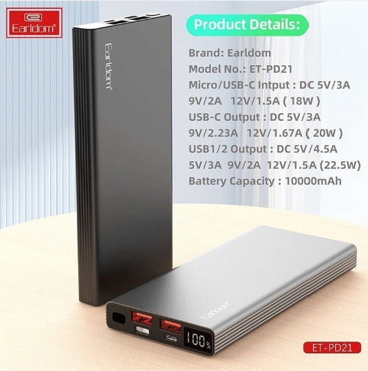 Earldom ET-PD21 Power Bank 10000mAh 20W mit 2 USB-A Ausgangsanschlüsse und USB-C Ausgangsanschluss Schwarz