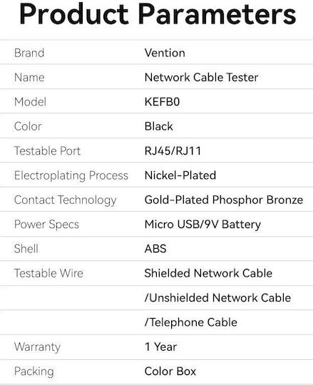 Vention Network Cable Tester RJ11 / RJ45 KEFB0