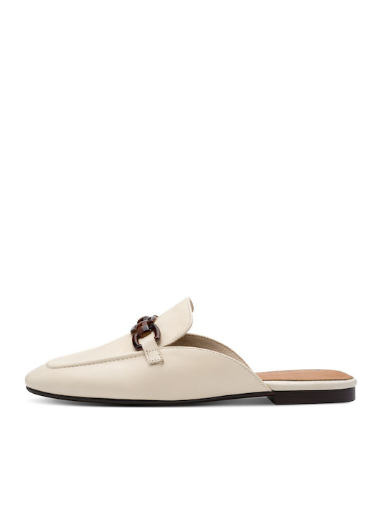 Flat Leather Mules in Ecru Color
