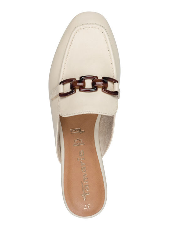 Flat Leather Mules in Ecru Color