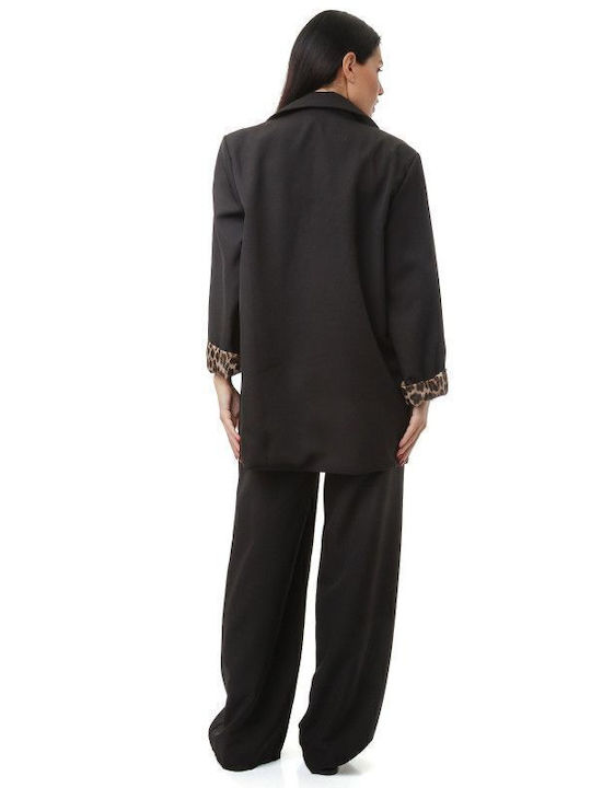 Schwarzes Hosen- und Blazer-Set mit Animal-Print