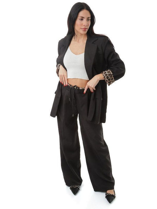 Schwarzes Hosen- und Blazer-Set mit Animal-Print