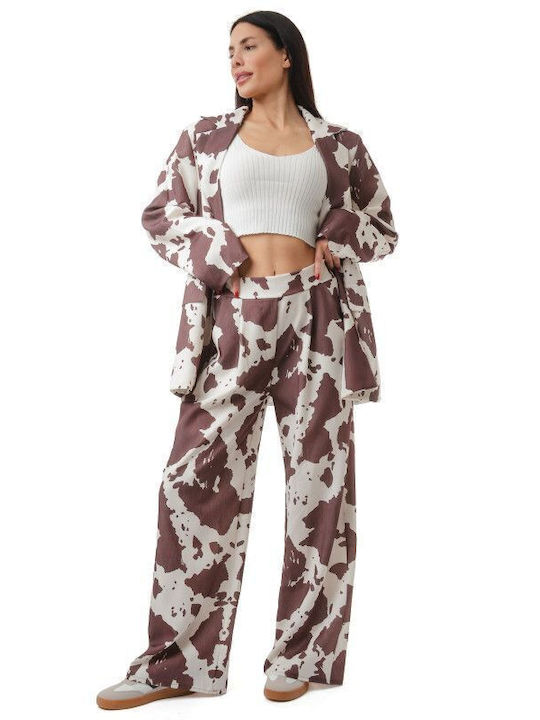 Καφέ Σετ Παντελόνα Σακάκι Animal Print