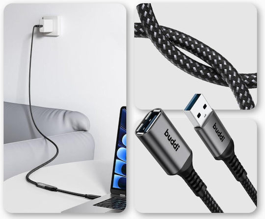 Buddi Cablu USB 2.0 USB-A Male - USB-A Female Negru 2m