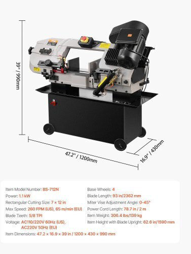 Vevor Σιδηροπρίονο Ταινίας WSJSSPDJBKXZEYJ1XV2 με Ισχύ 1.1kW