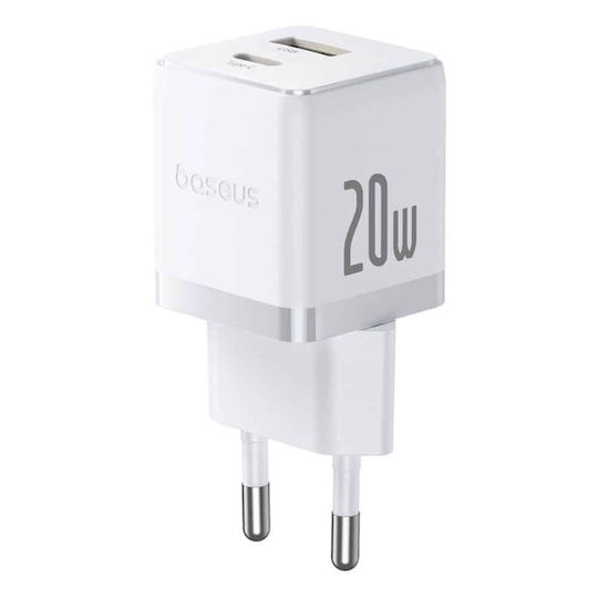 Baseus Charger Without Cable with USB-A Port and USB-C Port 20W Power Delivery / Quick Charge 3.0 Whites (Palm)