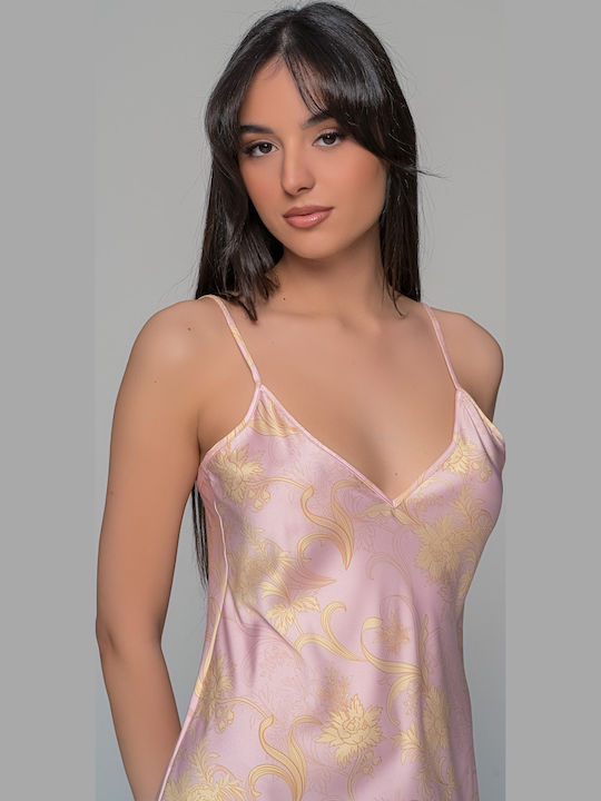 Milena by Paris Καλοκαιρινό Σατέν Γυναικείο Νυχτικό Ροζ
