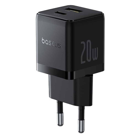 Baseus с USB-A порт и USB-C порт и кабел USB-C - USB-C 20W Power Delivery / Quick Charge 3.0 Черен (Palm)