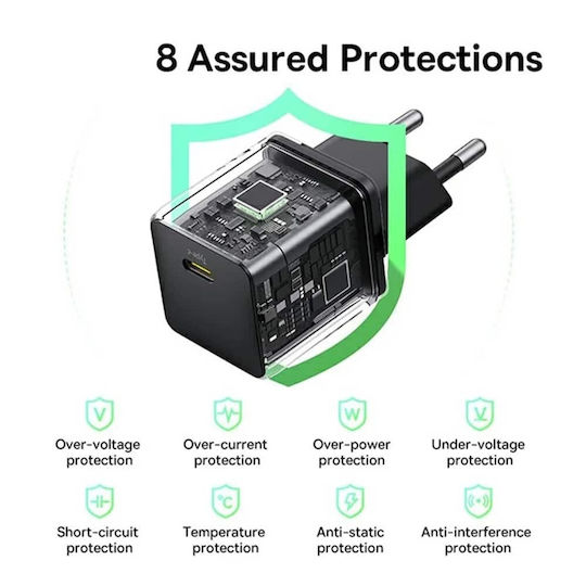 Baseus Φορτιστής με Θύρα USB-C και Καλώδιο USB-C - USB-C 20W Power Delivery Μαύρος (Palm)