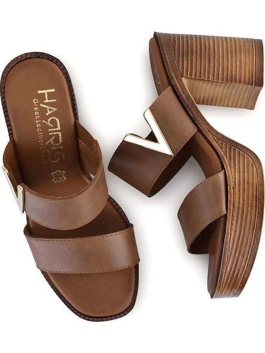 Leather Mules with High Heel in Brown Color