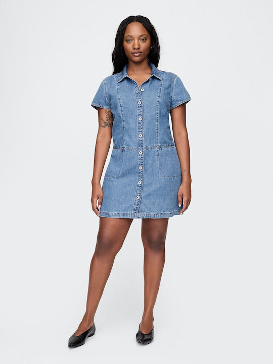 Sommer Mini Hemdkleid Denim Mittlerer Waschung